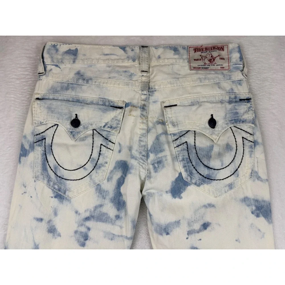 True Religion Mens 34x34 Jeans Skinny Distressed Cloudy Sky Blue Acid Wash Denim